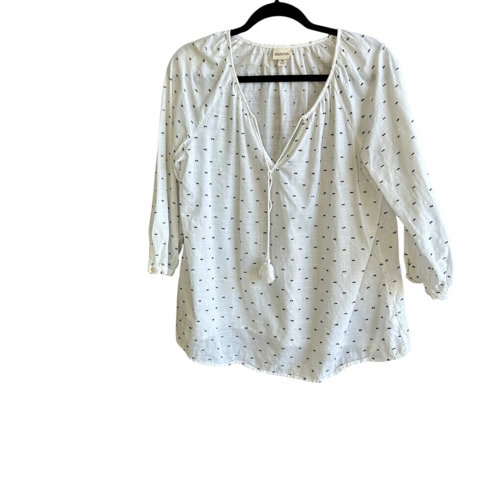 Merona White Blue Dotted Swiss Peasant Blouse Size Medium